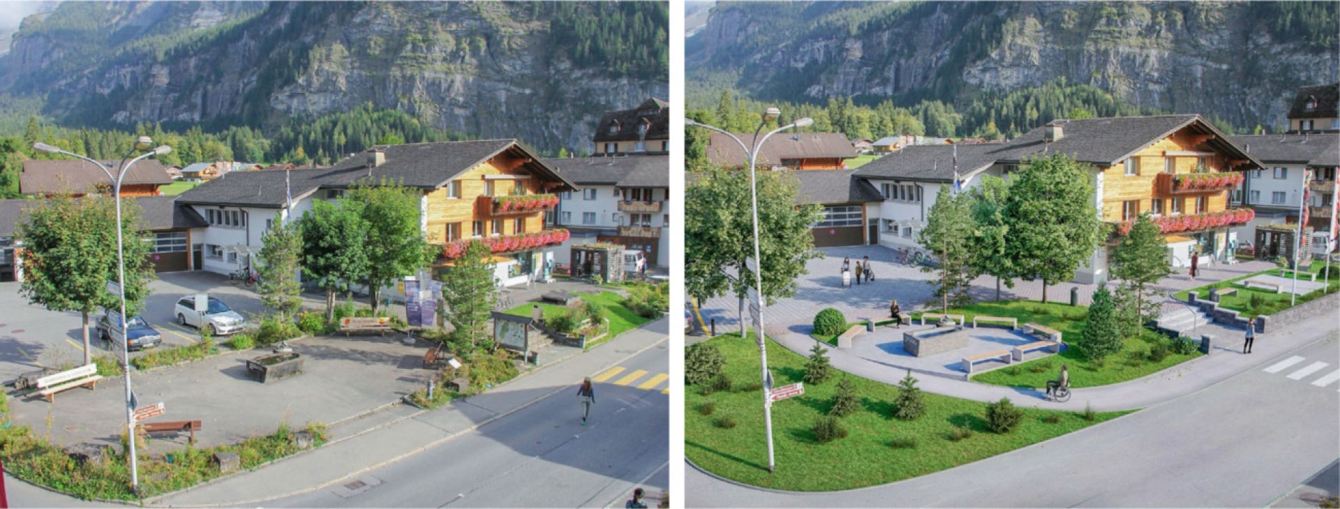 Links der heutige Gemeindehausplatz, rechts die mögliche Neugestaltung BILD UND VISUALISIERUNG: PRÄSENTATION DER GEMEINDE KANDERSTEG