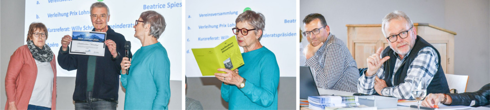 Silvia Büschlen (l.) und Toni Koller erhielten von VSA-Vorstandsmitglied Beatrice Spiess den «Prix Lohner» überreicht. Sie werden das Geldgeschenk in den «Hiimatbrief» investieren. Rechtes Bild: VSA-Präsident Rolf Henzmann BILDER: YVONNE BALDININI
