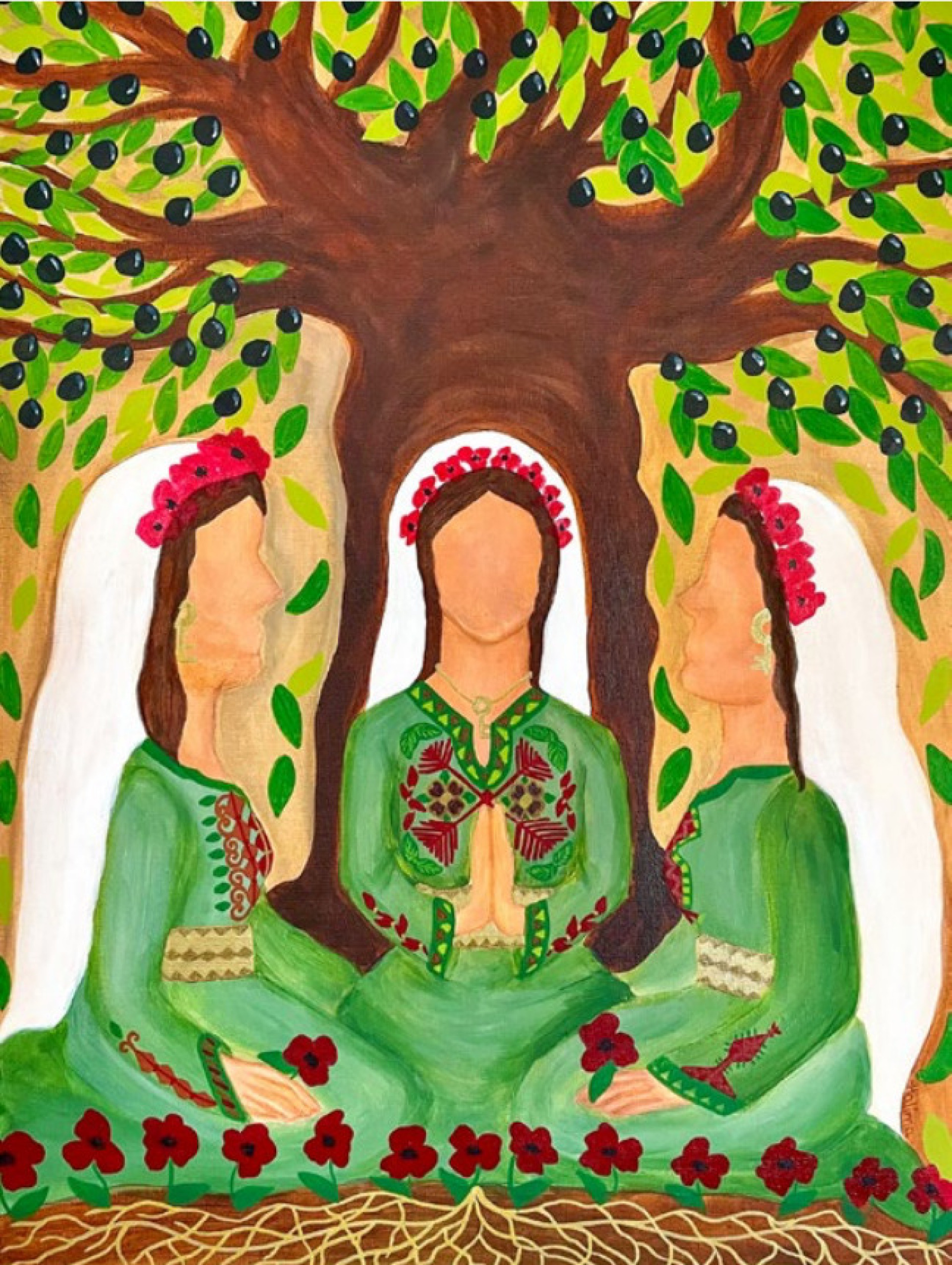 Das Titelbild für den Anlass stammt von der Künstlerin Halima Aziz und zeigt drei Palästinenserinnen vor einem Olivenbaum. BILD: ZVG