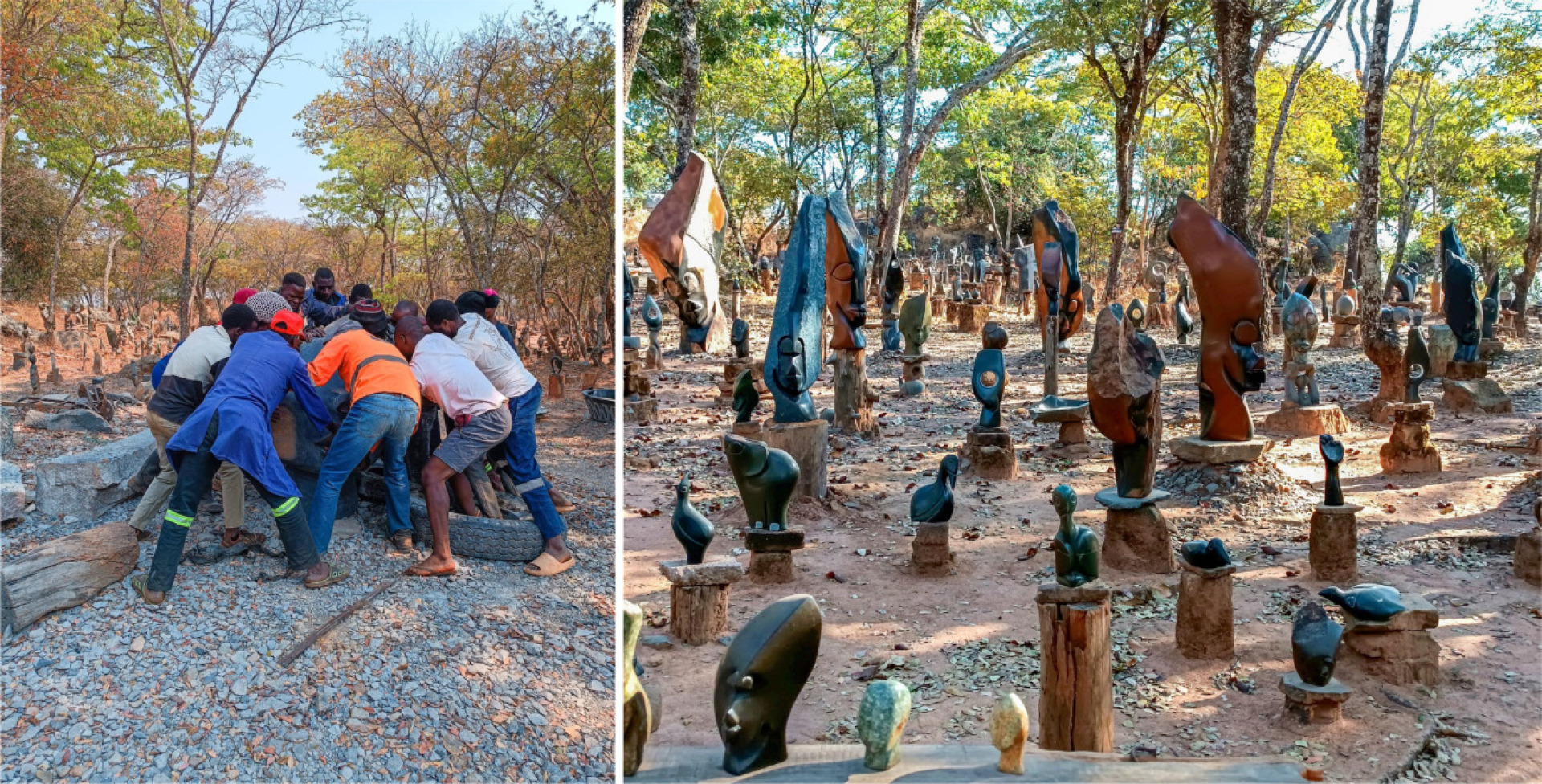 Beim Transport der Steine für die Freiluftausstellung der Skulpturen in Tengenenge (Künstlerdorf in Simbabwe) packen alle mit an. BILDER: RETO STEINER / ZVG