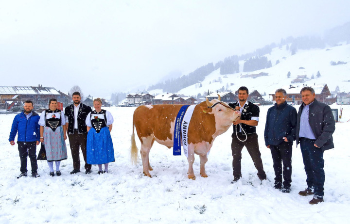 V. l.: Gabenchef Hans Zurbrügg, Ehrendame Milena Inniger, Götti Thomas Inniger, Ehrendame Andrea Pieren, Jungstier Johnny, Christian Germann, René Müller und Theo Knutti BILD: YVONNE BALDININI