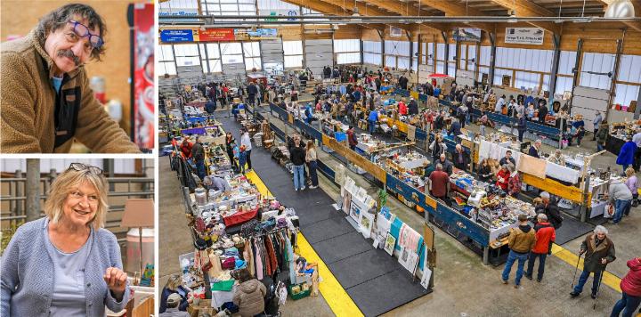 Die Brocante Mülenen ins Leben gerufen hat Viktor Sigrist (kleines Foto oben). Das Bild darunter zeigt Silvia Haake, die einzige Händlerin aus dem Frutigland, beim Verkaufsgespräch. BILDER: GERHARD K APPHAHN