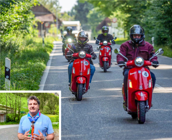 Paolo Fiora (kleines Bild) organisierte die erste Etappe bis nach Kandersteg und war auch selbst mit einer der roten Vespas unterwegs. Mittlerweile sollte er in Norwegen angekommen sein. BILDER: ZVG