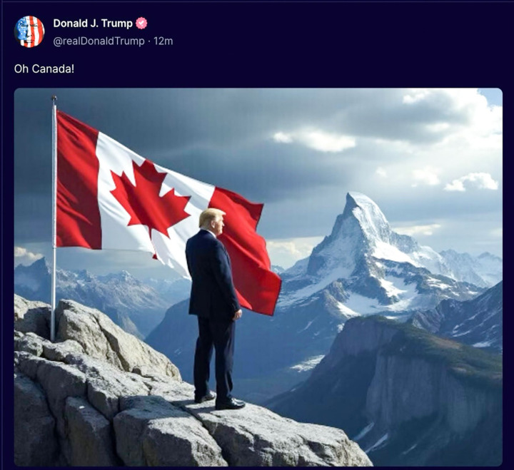 «Oh Canada!» Für Donald Trump dienten die Berge nur als Kulisse für einen Scherz. Ob er dabei wirklich das Matterhorn zeigen wollte? BILD: DONALD TRUMP, TRUTH SOCIAL