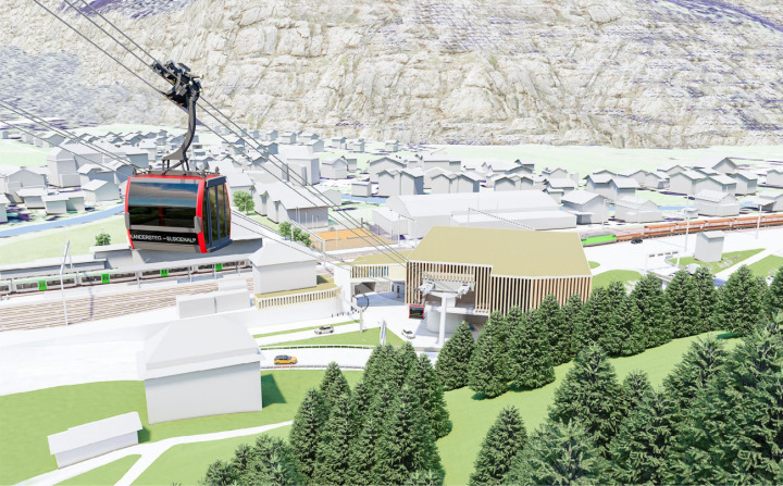 Diese Visualisierung gibt einen ersten Eindruck davon, wie die Talstation in Kandersteg aussehen könnte: Links Bahnhof und Bahnhofmatte, in der Mitte das Seilbahngebäude, dahinter Tennisplätze und Eishalle, rechts der Autoverlad. Die Entscheidungen für den Standort und die Dreiseil-Technologie (Tri-Line) sind gefallen, der Rest – auch die konkrete Ausgestaltung der Gebäude – ist Zukunftsmusik. GRAFIK: ZVG