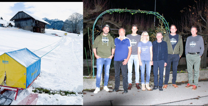 Das neue Angebot für die jüngsten Skifans wurde bereits vorbereitet und kommt mit geringen Schneemengen aus. Rechtes Bild v. l.: Reto Tschabold (VR-Mitglied), R udolf Zenger (Betriebsleiter), Mathias Berger (Präsident), Sonja Steudler, Gerhard Inniger, Niklaus von Känel und Urs Ramu (allesamt VR-Mitglieder). Nicht auf dem Bild: VR Hans Luginbühl BILDER: MICHAEL MAURER