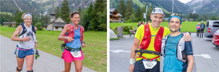 Zwei Teams, ein Ziel: Brigitte Daxelhoffer und Helene Ogi sowie Francis Wäfler und Marco Faita (jeweils v. l.) laufen zurzeit den «UNESCO Trail». In K andersteg legten sie Mittwoch eine Verpflegungspause ein. BILDER: MICHAEL SCHINNERLING