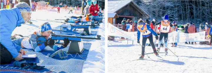 Links: Naila Schranz aus Adelboden am Schiessstand; rechts: Svenja Wittwer aus Aeschiried wird von Fadri Haas (Marbach) verfolgt. BILDER: MICHAEL SCHINNERLING