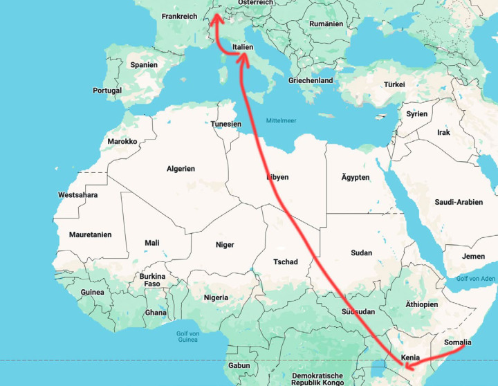 Auf der Karte sieht man die Strecke von Somalia in die Schweiz.