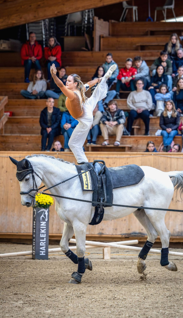 Michelle Brügger auf ihrem Pferd Acardi an der Europameisterschaft im Voltigieren. BILD: ZVG
