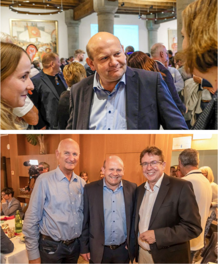 Schaffte den Überraschungssieg: Nationalratskandidat Ernst Wandfluh, unten flankiert von Hansruedi Wandfluh und Albert Rösti. BILDER: JUZ / MS