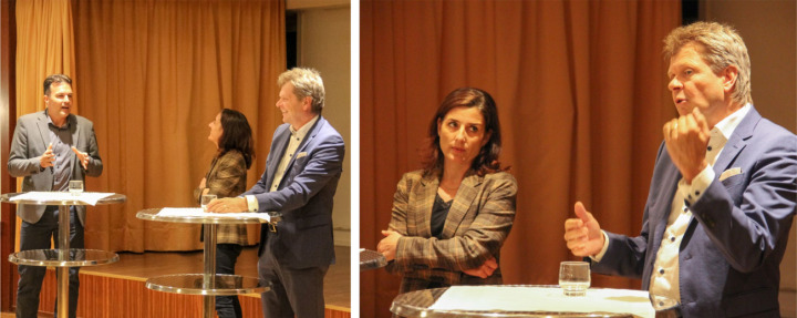 Podiumsdiskussion mit (v. l.) Marc Jost (EVP), Flavia Wasserfallen (SP) und Jürg Grossen (GLP): Mal verstanden sie sich gut – und mal weniger (Bild rechts).
