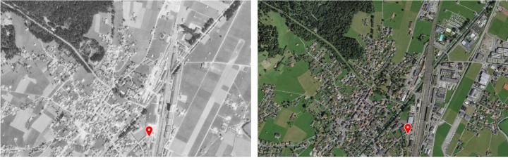 Frutigen früher und heute, links im Bild ist eine Luftaufnahme aus dem Jahr 1981 zu sehen, rechts eine aktuelle – die Redaktion des «Frutigländer» steht 1981 noch nicht. BILDER: SWISSTOPO