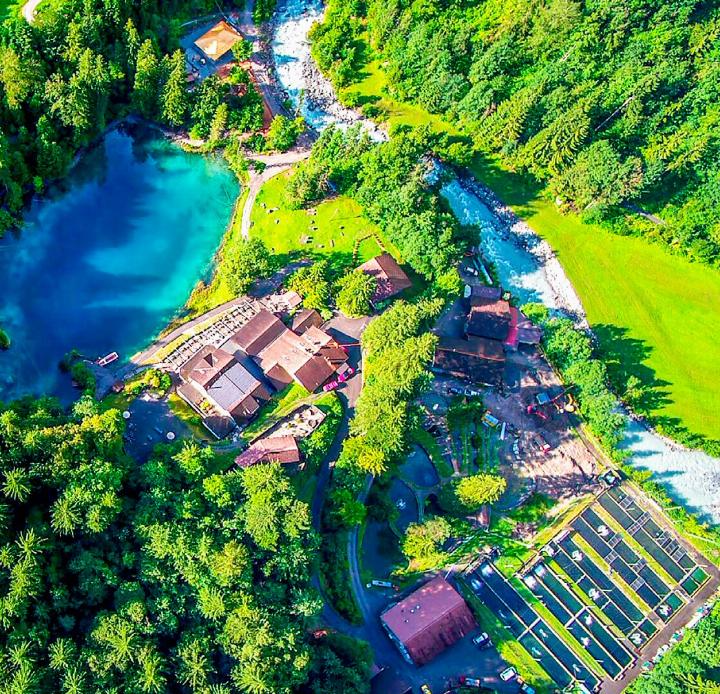 Der Naturpark Blausee aus der Vogelperspektive, rechts unten die Fischzucht. BILD: BLAUSEE AG