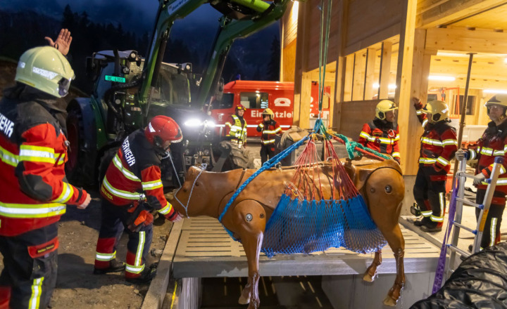 Im Gegensatz zum Plastik-Dummy sind lebende Tiere unberechenbar – eine zusätzliche Herausforderung für die Feuerwehr. BILD: MICHAEL SCHINNERLING