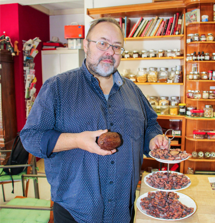 In der Hand hält Karl Johannes Rechsteiner eine inzwischen getrocknete Kakaofrucht. Die gerösteten Bohnen auf der Etagere könnten geschält gegessen werden. BILD: KATHARINA WITTWER