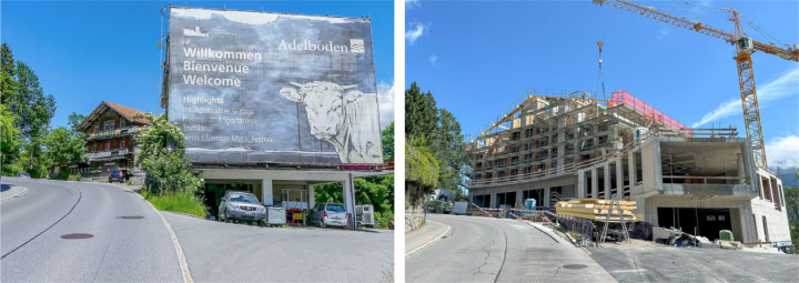 Lange grüsste in der Kurve eine Kuh – die grosse Blache sollte die unschöne Fassade dahinter kaschieren. Heute steht an gleicher Stelle der fast fertige Schönegg-Neubau. BILDER: HSF (L.); ZVG