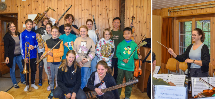 Gruppenfoto: Hinten v. l.: Dirigentin Renate Siegenthaler, Oliver Schlatter (Posaune), Nico Boss (Saxofon), Niculin Simmen (Klarinette), Alexandra Reichen (Klarinette) und Kunga Punrab (Geige). Mittlere Reihe: Xenia Siegenthaler (Cornet), Levi Luginbühl (Querflöte), Florin Simmen (Schlagzeug), Sophie Luginbühl (Klarinette), Melina Studer (Waldhorn), Tenzin Punrab (Geige). Vordere Reihe: Lea Däpp (Keyboard) und Aline Burri (Bass). Rechtes Bild: Einblick in die Probe BILD: ZVG