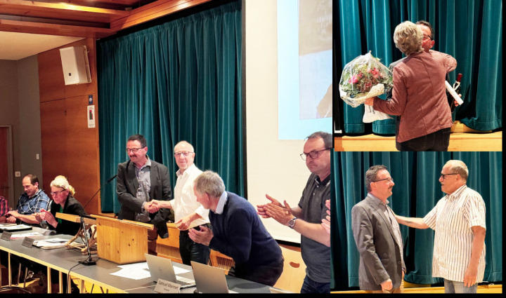 Anerkennende Gesten erntete Hans Schmid (dunkler Blazer) von den GemeinderätInnen, von Gemeindeschreiber Peter Grossen (weisses Hemd) und von Gemeindepräsident Urs Kallen (kleines Bild rechts unten). Von Ehefrau Silvia Schmid gab es einen Kuss. BILDER: BIANCA HÜSING