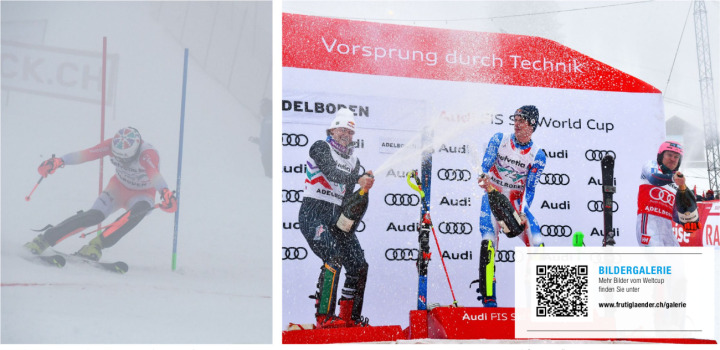 Feststimmung nach blinder Fahrt: Der Slalom am Samstag fand im stockdicken Nebel statt. Am Ende jubelten (v. l.) Lucas Pinheiro Braathen, Clément Noël und Henrik Kristoffersen. BILDER: YB / MS