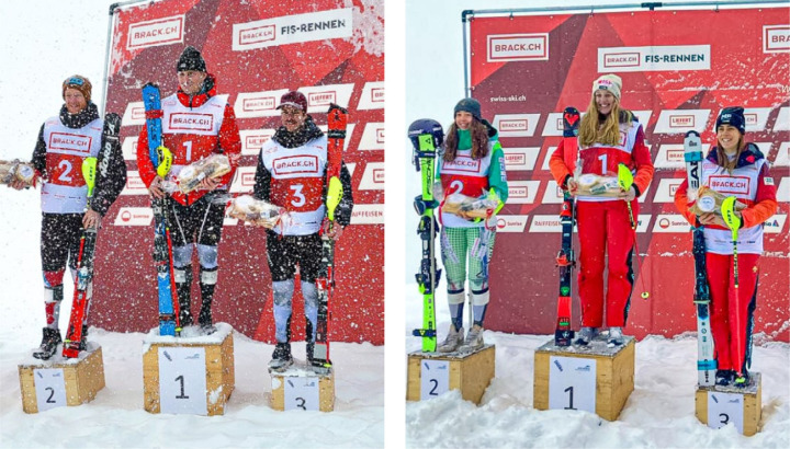 Die Podeste mit den SiegerInnen Michael Brügger (linkes Foto) und Chiara Lanz (r. Bild) BILDER: ZVG