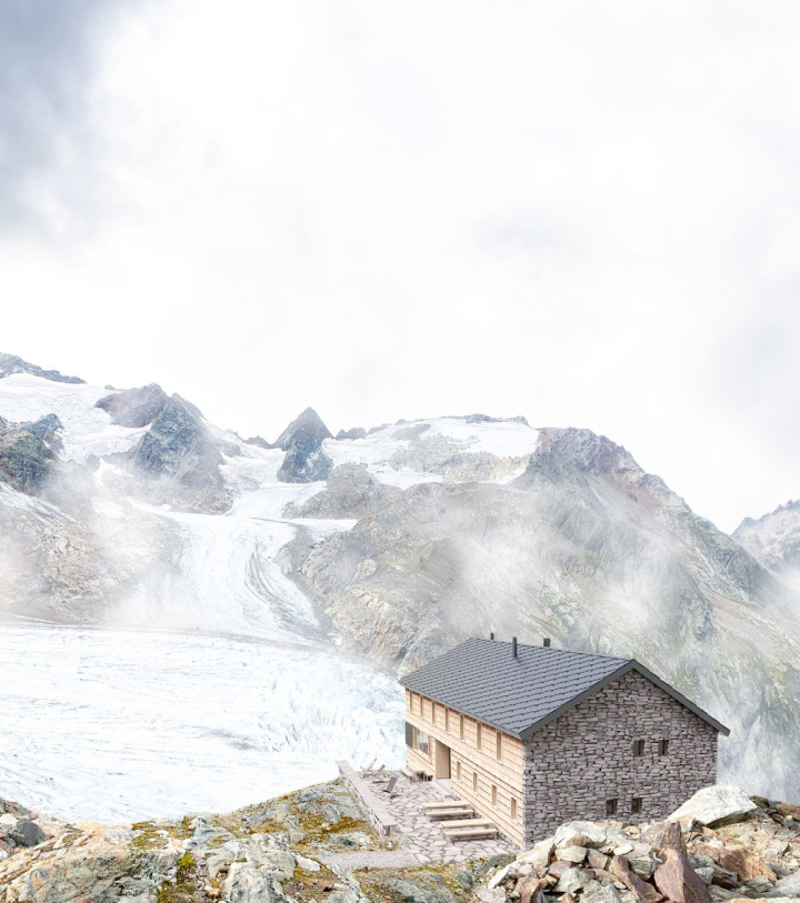 Im Januar 2021 wurde die Trifthütte im Haslital von einer Lawine zerstört. Demnächst soll sie an einem sicheren Standort wiederaufgebaut werden. Die Steine aus dem alten Abbruch kommen bei den Bruchsteinfassaden, im Sockelbereich und beim Bodenbelag der Terrasse zum Einsatz. VISUALISIERUNG: ZVG