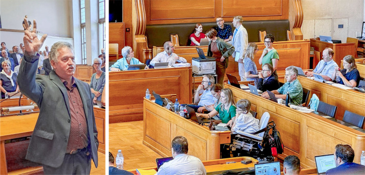 René Müller bei seiner Vereidigung im Grossen Rat am vergangenen Montag. Einen Tag später ist der EVP-Politiker schon konzentriert bei der Sache (grosses Bild rechts) – was gar nicht so einfach ist, denn um ihn herum werden dauernd Fragen gestellt und Gespräche g eführt. Dieser Trubel habe ihn schon etwas überrascht, sagt Müller. BILDER: ZVG, MARK POLLMEIER