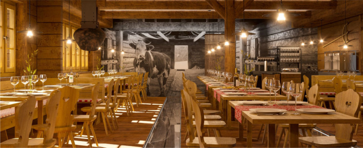 Racletteschmaus im Kuhstall-Chic: Aus dem ehemaligen Berghaus Bärtschi wird die Raclettehütte. Sie soll zum Beginn der Wintersaison den Betrieb aufnehmen. VISUALISIERUNG: ZVG