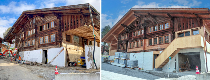 Das anno 1466 erbaute Gebäude an der Kientalstrasse liegt am alten Verkehrsweg über die Gemmi und den Lötschenpass. Nach dem Umbau ist die Fensterreihe im ersten Stock um drei Fenster erweitert worden. Markant zeigt sich die wieder erstellte Aussentreppe am rechten Gebäudeteil. BILDER: ZVG / MARIO BACHMANN