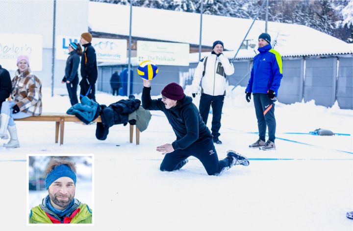 Selbst auf den Knien wurde weiter um den Ball gekämpft. Kleines Bild: OK-Präsident Martin Holzer BILDER: MICHAEL SCHINNERLING