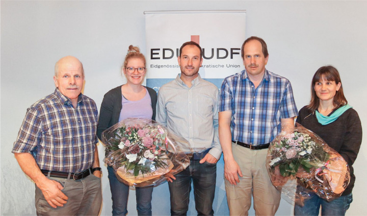 Der Vorstand der EDU Frutigen mit Abraham Studer, Corinne Bärtschi, Stephan Stoller Christof Pieren und Silvia Oester BILD: ZVG