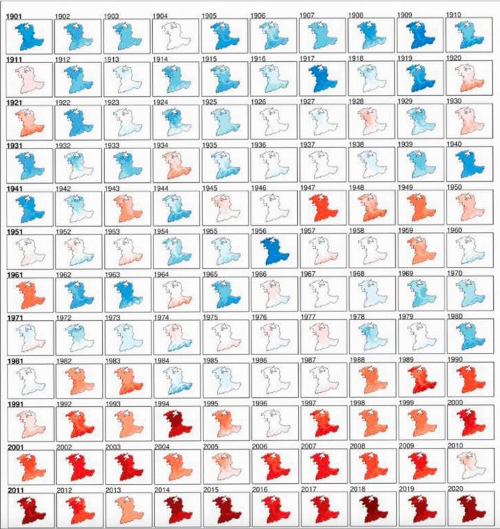 Diese schematische Übersicht zeigt die Temperaturen im Kanton Bern von 1901 bis ins Jahr 2020: Je dunkler rot die Kantonskarte gefärbt ist, desto häufiger waren sogenannte Hitzetage mit Temperaturen von 30 °C oder mehr. Seit 1961 hat sich deren Anzahl im Mittel fast versiebenfacht (von durchschnittlich 2 auf 14); besonders auffällig ist die Zunahme im letzten Jahrzehnt. Auch Hitzeperioden, in denen es nachts nicht mehr merklich abkühlt, nahmen zuletzt deutlich zu. Generell steigt die J ahresmitteltemperatur in der Schweiz stetig an.