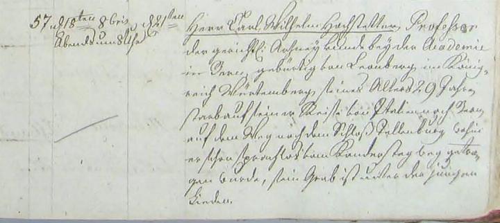 Aus dem Totenrodel Frutigen, Band 24, Seite 18 (1811): «Gestorben 18ten 8bris abends um 8 Uhr, beigesetzt am 21ten – Herr Carl Wilhelm Hochstetter, Professor der gerichtl. Arzneykunde bey der Academie in Bern, gebürtig von Leonberg im Königreiche Würtemberg, seines Alters 29 Jahre, starb auf seiner Reise von Italien nach Bern, auf dem Weg nach Schloss Tellenburg, wohin er schon sprachlos vom Kandersteg getragen wurde, sein Grab ist unter der jungen Linde.» [8bris= des Oktobers] BILD: ZVG