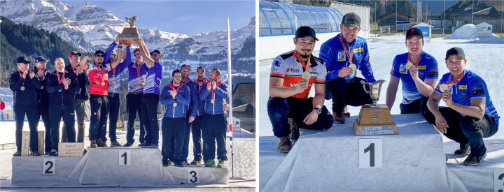Stolz auf Pokal und Goldmedaille sind Enrico Pfister, Tim Jungen, Marc Pfister und Björn Jungen. BILDER: ZVG / TOM SEGER, SWISSCURLING ASSOCIATION
