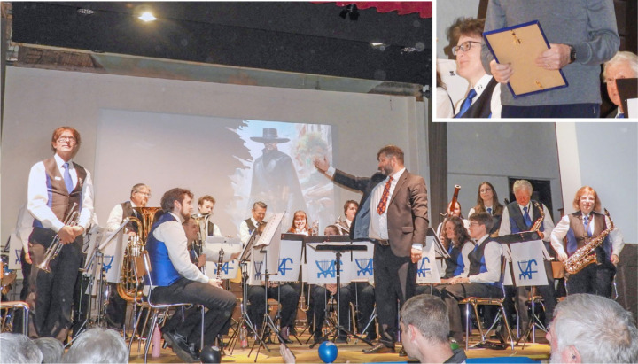 Zorro auf der Leinwand, die Solisten im Rampenlicht. Kleines Bild: Alfred Maurer ist neues Ehrenmitglied der Frutigmusig. BILDER: FABIAN SCHMID