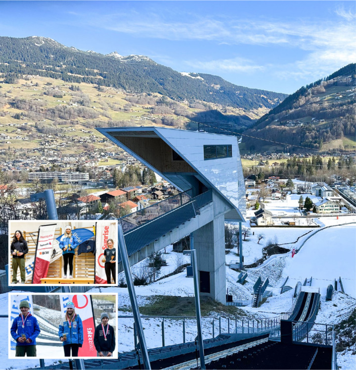 Im Montafon Nordic Sportzentrum (grosses Bild) sprangen und liefen auch Jugendliche aus der Region. Tiziana Germann (kleines Bild oben, r.) und Romina Otto (kleines Bild unten, r.) erreichten je einmal den dritten Rang. BILDER: RICARDA GERMANN